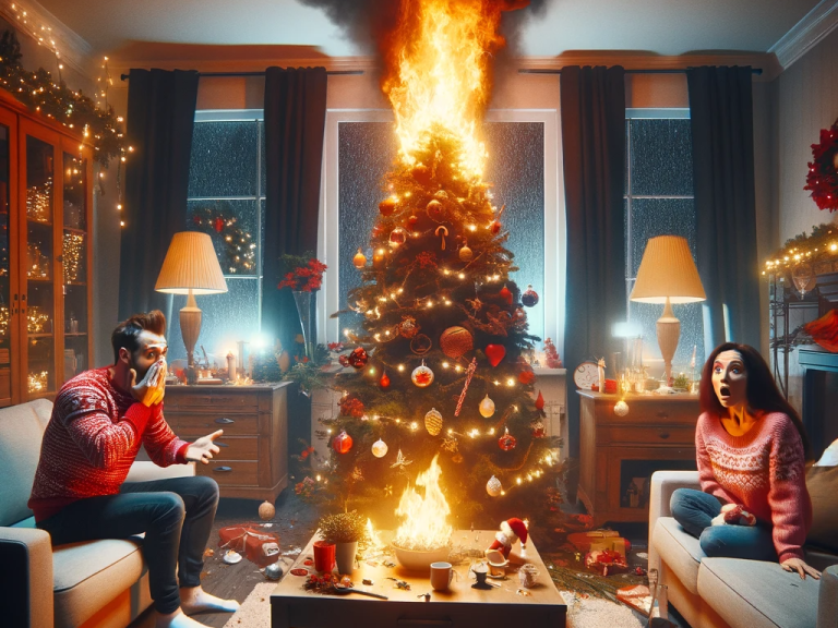Ein chaotisches Wohnzimmer während der Weihnachtszeit, in dem ein Weihnachtsbaum in Flammen steht.